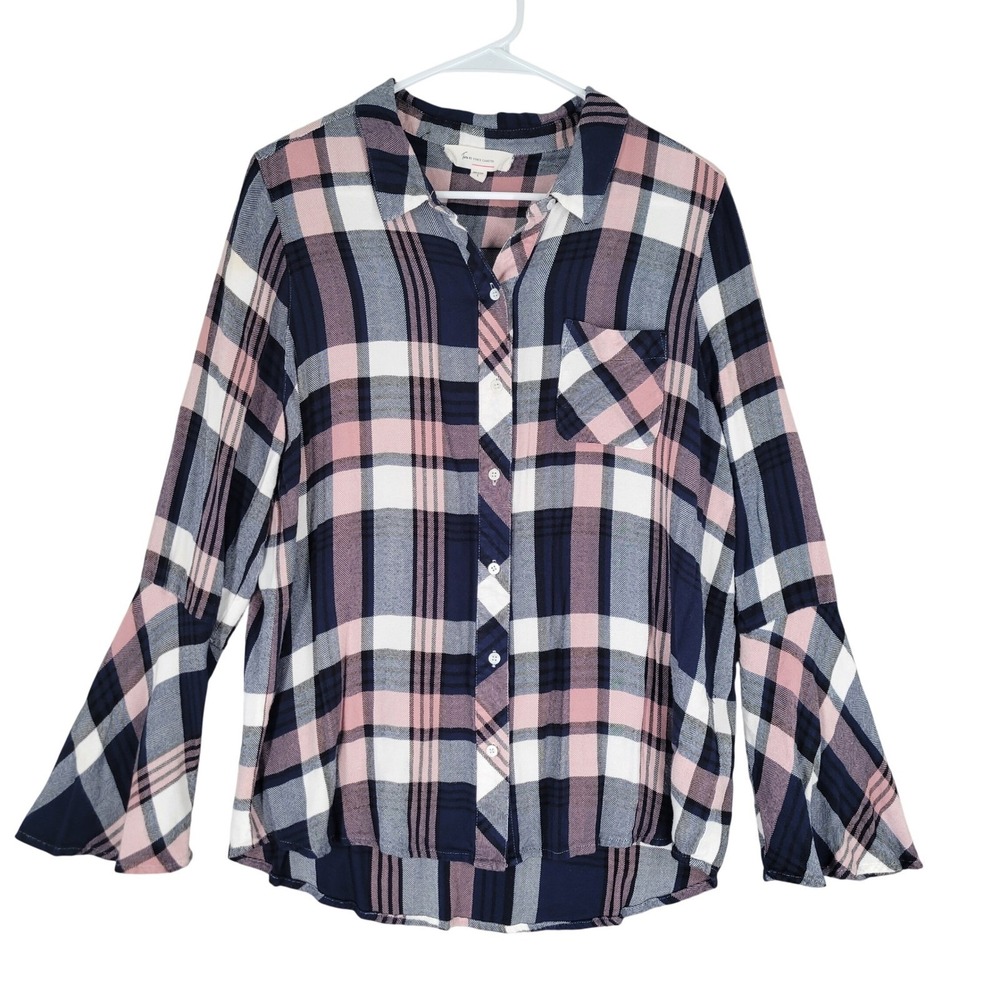 Two by Vince Camuto Plaid Button Down Women Large Navy Pink Bell‎ Sleeve